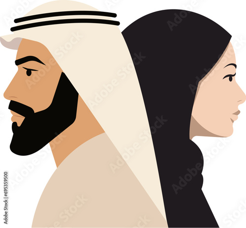 Profile portrait of an Arab man and woman in traditional clothing, standing back to back. Cultural attire and style. Togetherness, equality and heritage concept. Isolated vector.