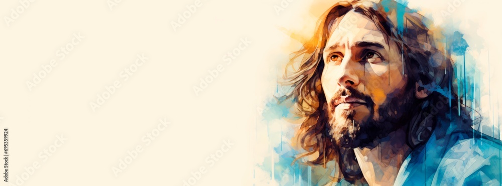 Abstract Watercolor illustration of Jesus Christ . Horizontal banner, copy race for text