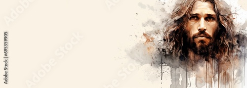 Abstract Watercolor illustration of Jesus Christ . Horizontal banner, copy race for text