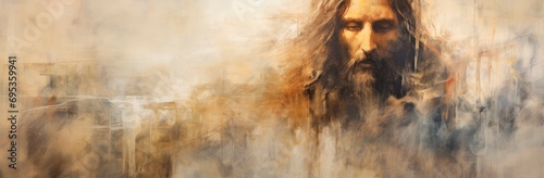 Abstract Watercolor illustration of Jesus Christ . Horizontal banner, copy race for text