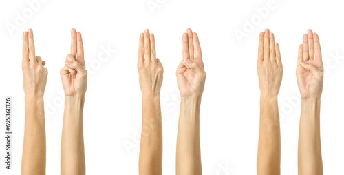 Two, three or four fingers folded together. Multiple images set of female caucasian hand with french manicure showing Fingers folded together gesture