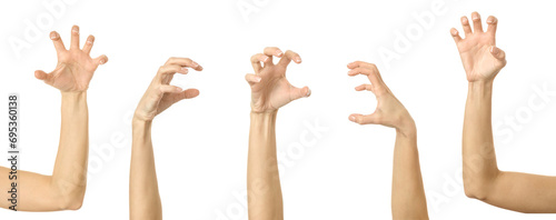 Scratch, catch or grab something. Multiple images set of female caucasian hand with french manicure showing Scratch gesture