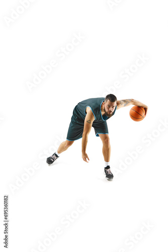 Skill and athleticism. Portrait of basketball player executing perfect slam dunk, illustration strength and precision against white background.