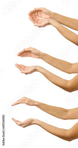 Cupped hands. Multiple images set of female caucasian hand with french manicure showing Cupped hands gesture
