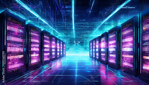 A massive server data center farm with rows of data servers. cyber security, data center, data farm and storage system concepts. Generative AI