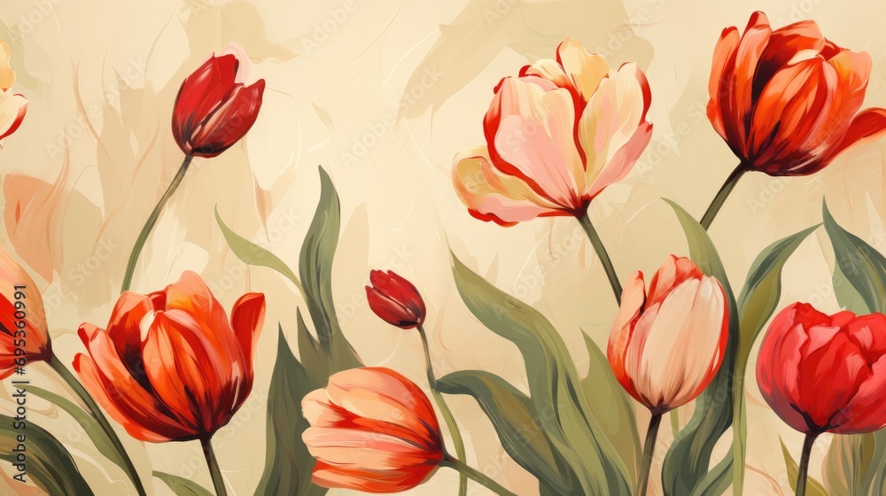 Pink tulips with fresh green leaves. Drawing of flowers. Beautiful background for a holiday, valentine's day, women's day. Pink tulips with fresh green leaves. Drawing of flowers. Beautiful background for a holiday, valentine's day, women's day.