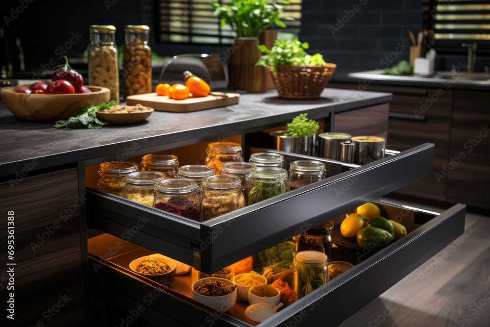 Modern kitchen pantry with pull-out storage drawers, Generative AI Modern kitchen pantry with pull-out storage drawers, Generative AI