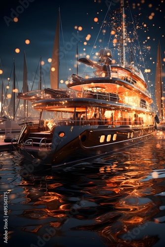 luxury yachts in the harbor at night. 3d rendering © Iman