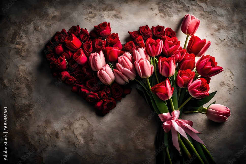 red tulips on wooden background