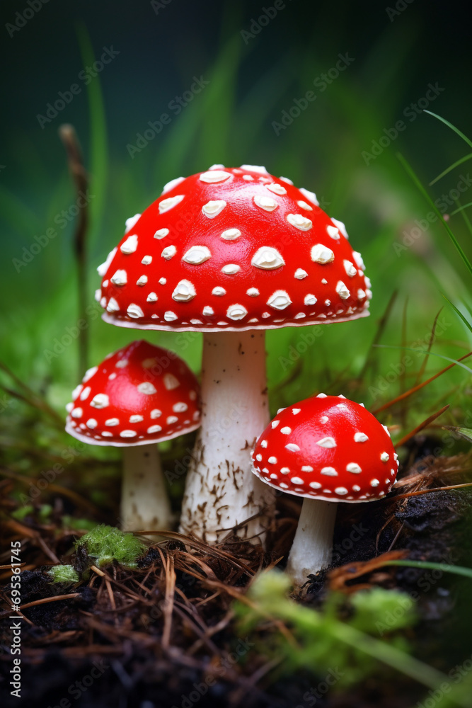 Obraz premium Fly agaric or fly-amanita mushrooms fungi with dark blur background and grass on surface created with Generative Ai
