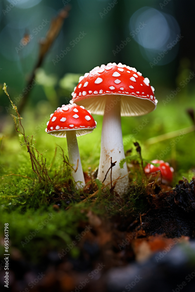 Fly agaric or fly-amanita mushrooms fungi with dark blur background and grass on surface created with Generative Ai Fly agaric or fly-amanita mushrooms fungi with dark blur background and grass on surface created with Generative Ai