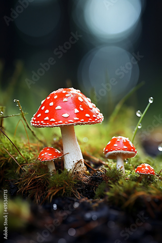 Fly agaric or fly-amanita mushrooms fungi with dark blur background and grass on surface created with Generative Ai