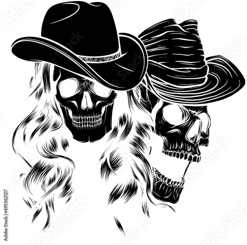 black silhouette of couple Skulls cowboy on white background