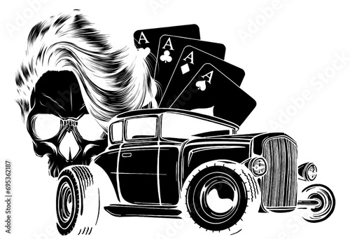 black silhouette of skull with hot rod and poker aces on white background