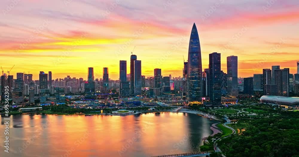 Aerial view of Shenzhen city skyline and modern commercial building scenery at sunset, China. Famous city landmarks in Shenzhen.