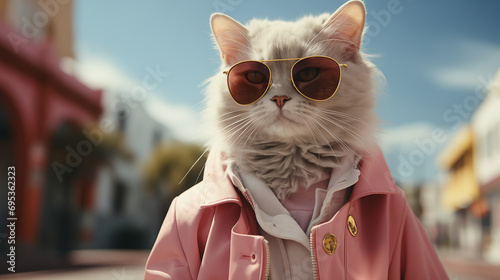 Close-up of a white cat wearing peach-pink suit, in front of old colorful eastern city street, looking at the camera. Vertical photo. Cat like a busy man, businessman. Anthropomorphic animal