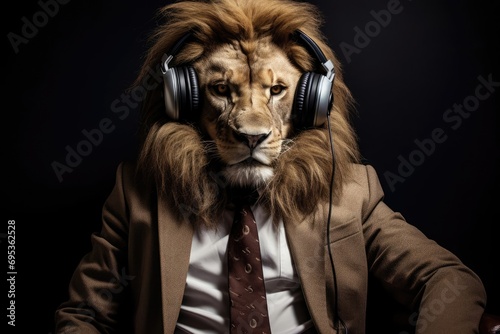 Roaring in Style: Lion-Themed Costume Wearer with Expressive Eyes and Headphones