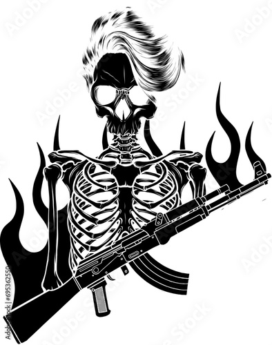 black silhouette of military skeleton with flames holding assault rifle. vector illustration on white background