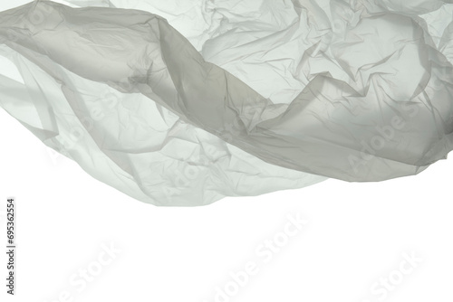 Piece of Crumpled White Foil Bag, Backlit From Below. Visible Creases and Unevenness on Piece of Foil Garbage. No Background. Demaged Crinkled Plastic Balls. Foil Trash. Border made of Foil. photo