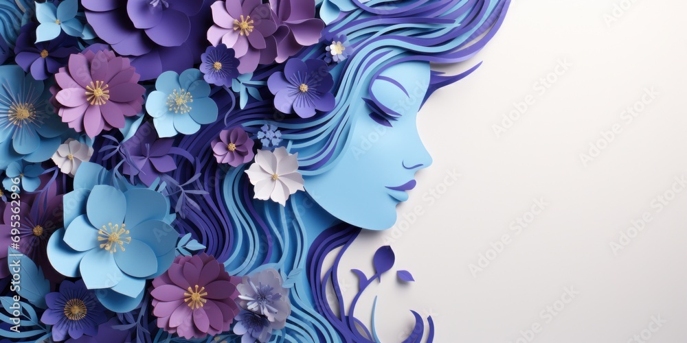 beautiful girl face and flowers, in lilac tones on a light background, women's day 8 march, banner, copy space