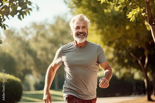 Happy elderly man running in the park
