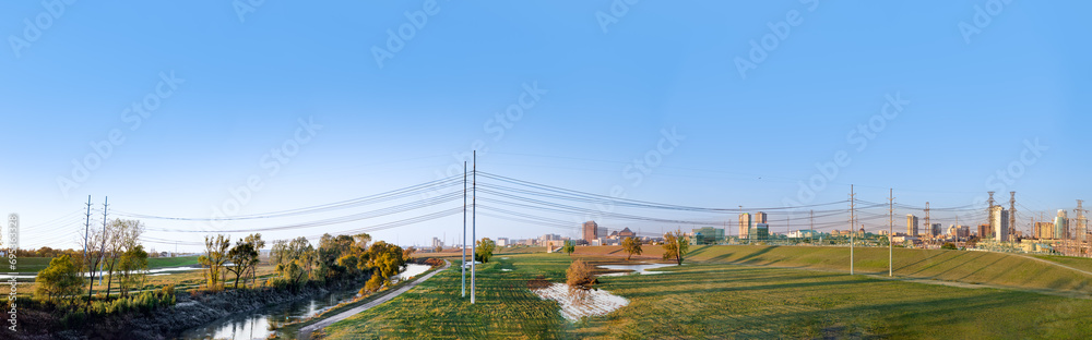 scenic skyline in late afternoon at trinity river with view to downtown Dallas, Texas, scenic skyline in late afternoon at trinity river with view to downtown Dallas, Texas,