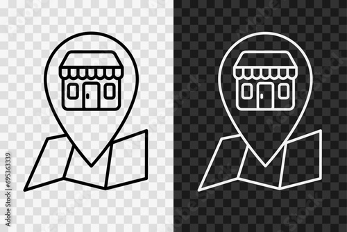Shop on the map, line icon, high quality vector editable stroke symbol. Supermarket nearby, outline sign isolated on dark and light transparent background.