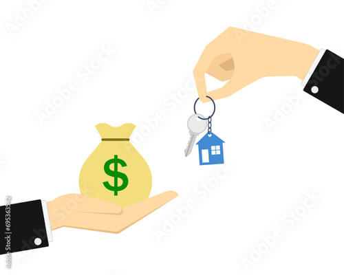 A hand hands over a key with a keychain in the shape of a house, and the other hand gives a money bag