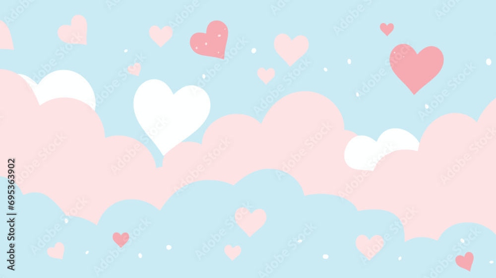 Cute Hearts and Clouds in the Sky Pattern in Pastel Colors - Cartoon Art for Banner, Poster, Wallpaper, Card Decoration