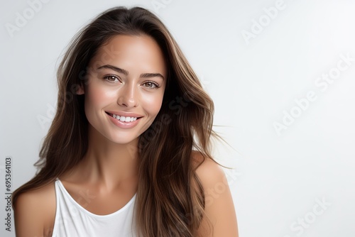 Beautiful 35 year old Australia cosmetic Model, touching her perfect skin on her own face, friendly smile