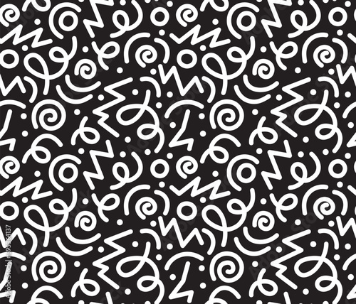 Black and white seamless pattern. Simple childish doodle backdrop with shapes like confetti
