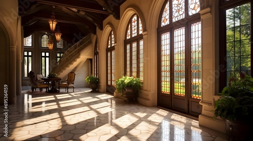 Interior view of a beautiful villa with windows and parquet.
