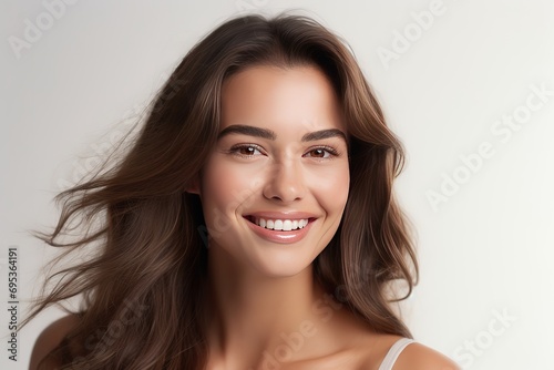 Beautiful 35 year old Australia cosmetic Model  touching her perfect skin on her own face  friendly smile