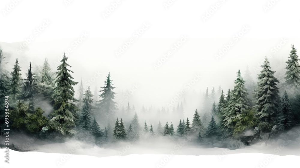Moody forest landscape with fog and mist white concept