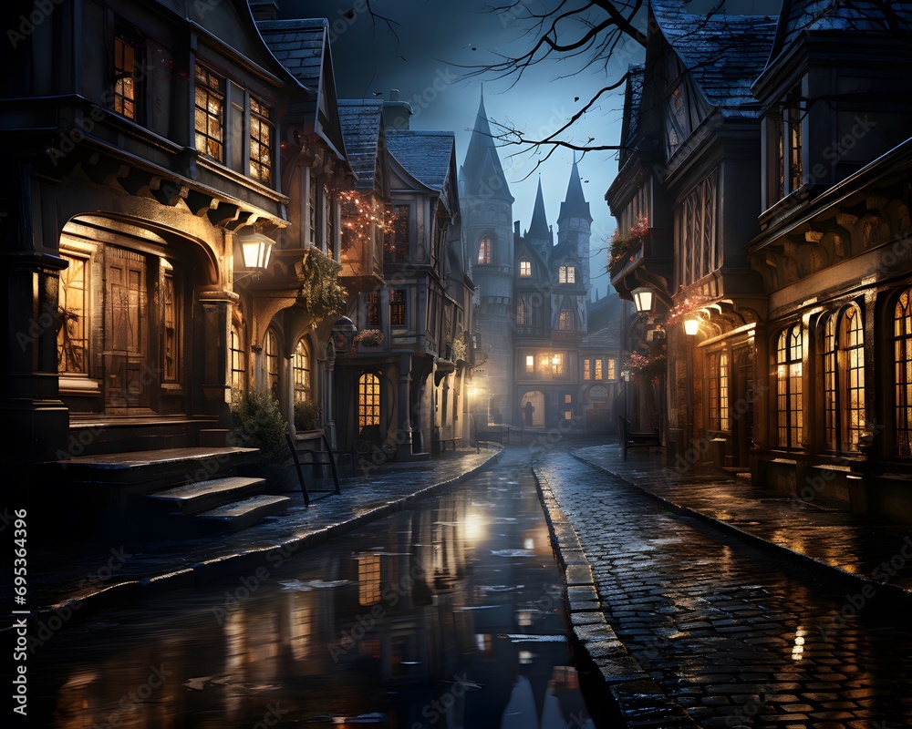Digital painting of a street in Bruges at night, Belgium
