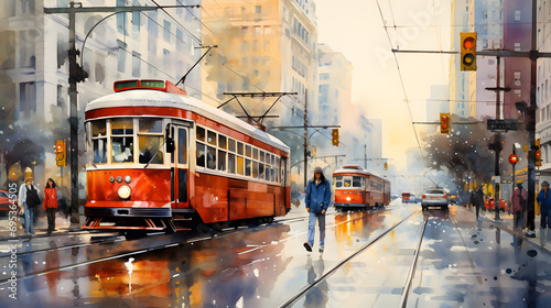 Captivating Watercolor of a city. Exploring Vibrant Urban Life in Metropolitan Hub, Artistic Rendering of City Street, Cultural Diversity and Energetic Cityscape.