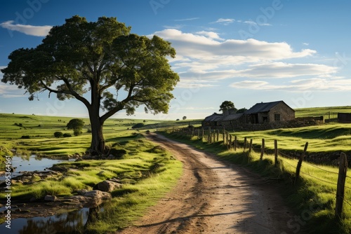 Charming countryside road leading into a cloud-covered horizon, Generative AI