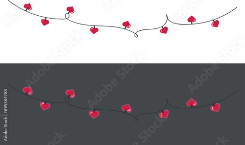 st valentines day lights isolated on white and dark background. valentine wall hanging garland with glowing hearts. vector decoration with love symbols