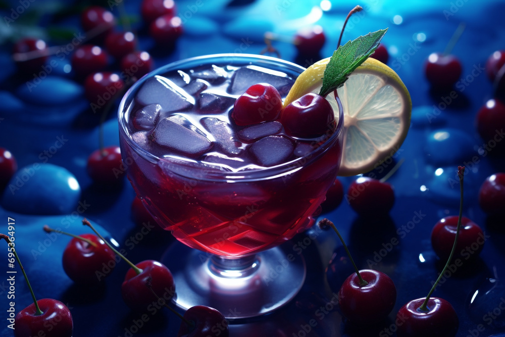 Fresh blueberry cocktail with lemon peel and cherry