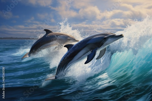 Vibrant Scene of Dolphins Soaring Out of Water, Generating Majestic Water Fountains © Александр Раптовый