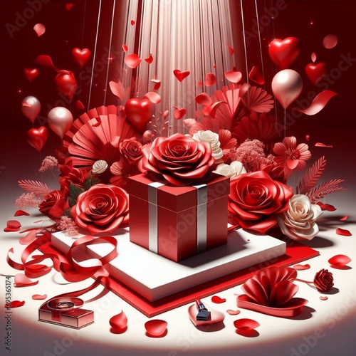 Podium with gift box of red roses, rose petals and balloons