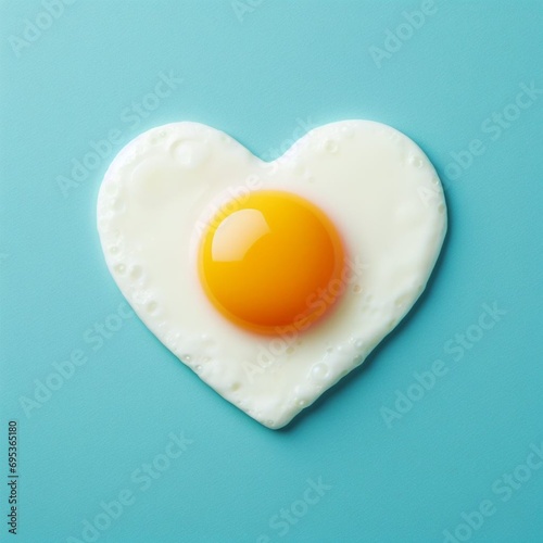 Heart shaped fried egg isolated on turquoise background