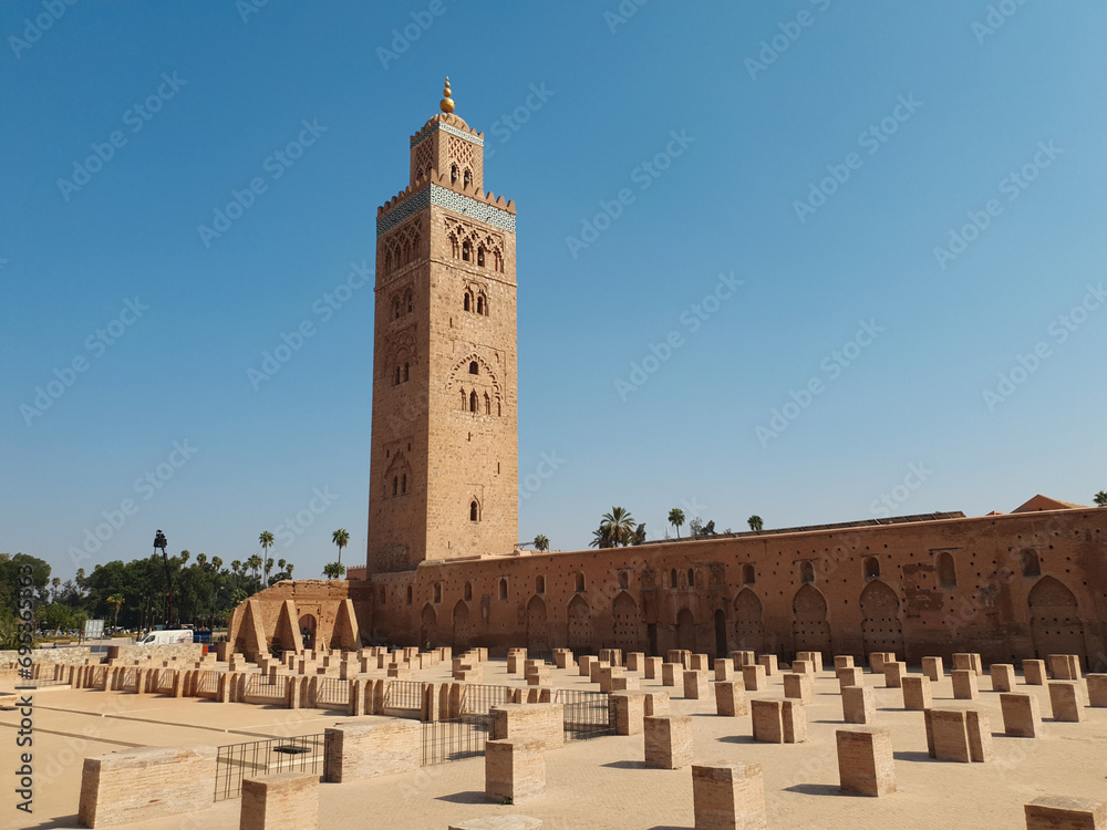 view of Koutoubia Mosque at mid-day in Marrakesh, Morocco