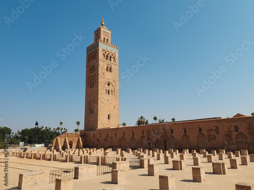 view of Koutoubia Mosque at mid-day in Marrakesh, Morocco