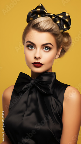 Fashion beautiful blonde model portrait with a big bow in black dress on the yellow background. Minimalism in the retro chic style.