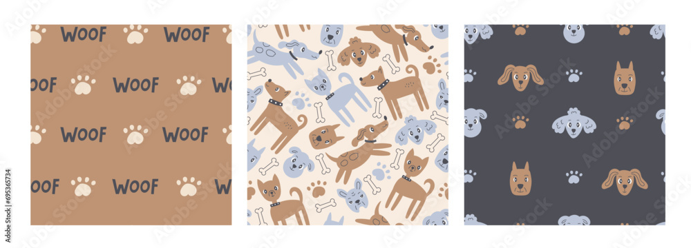 Modern dog seamless patterns set for pets. Cute doggy backgrounds collection with cartoon doodle elements, bone, head, paw print. Trendy repeat vector illustration - obrazy, fototapety, plakaty 