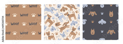 Modern dog seamless patterns set for pets. Cute doggy backgrounds collection with cartoon doodle elements, bone, head, paw print. Trendy repeat vector illustration