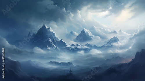 Snowy mountains in the clouds. Digital art. © Prince