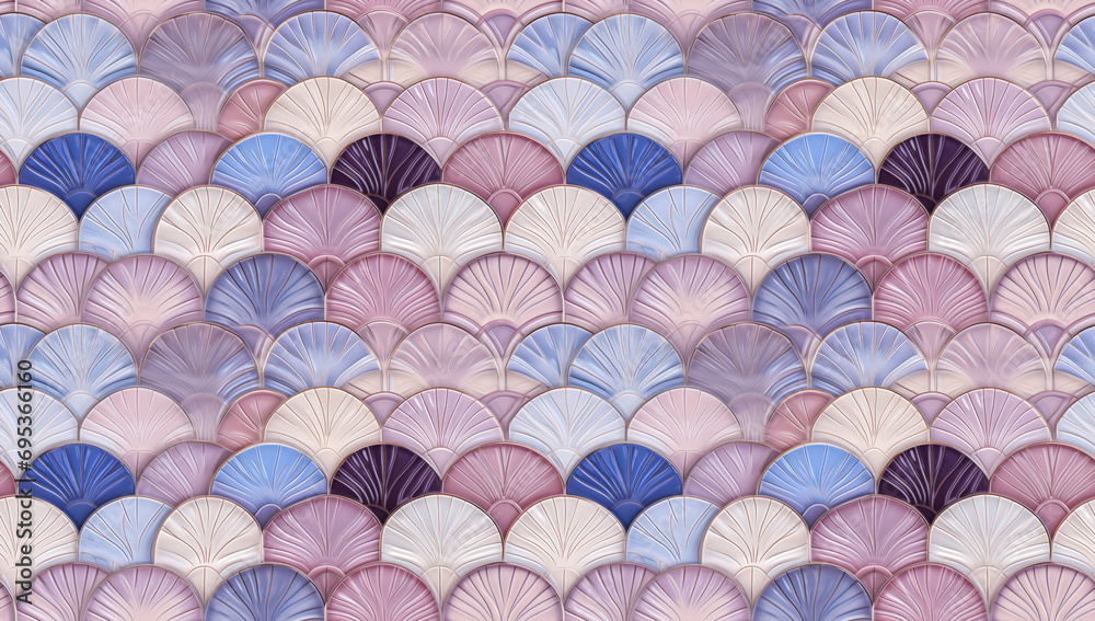 Seamless Seashell Mosaic in Pastel Tones. A seamless pattern of light magenta and blue tiles with a seashell design, evoking a soft, coastal elegance