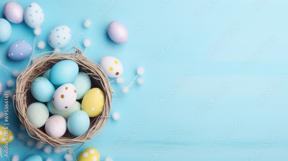 Easter holiday celebration banner greeting card with pastel painted eggs in bird nest on bright blue backround tabel texture. Top view, flat lay with copy space